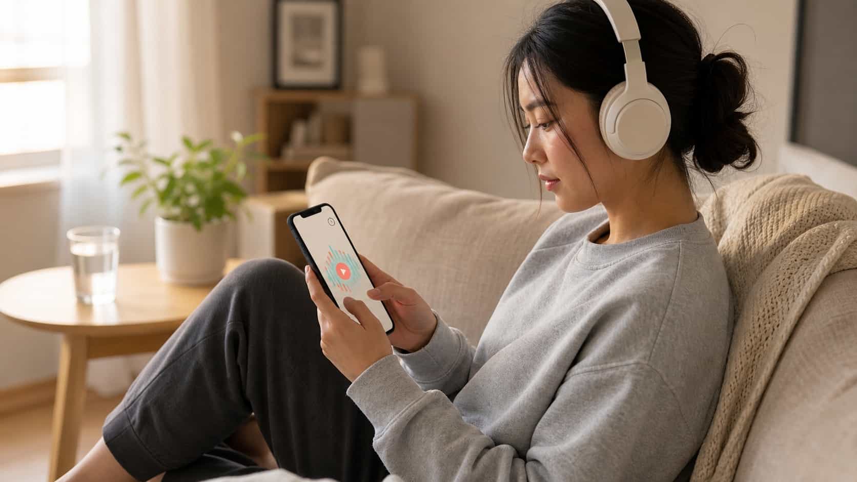 Young person sitting on a couch wearing over-ear headphones, holding phone showing an abstract music listening interface, calm focused expression