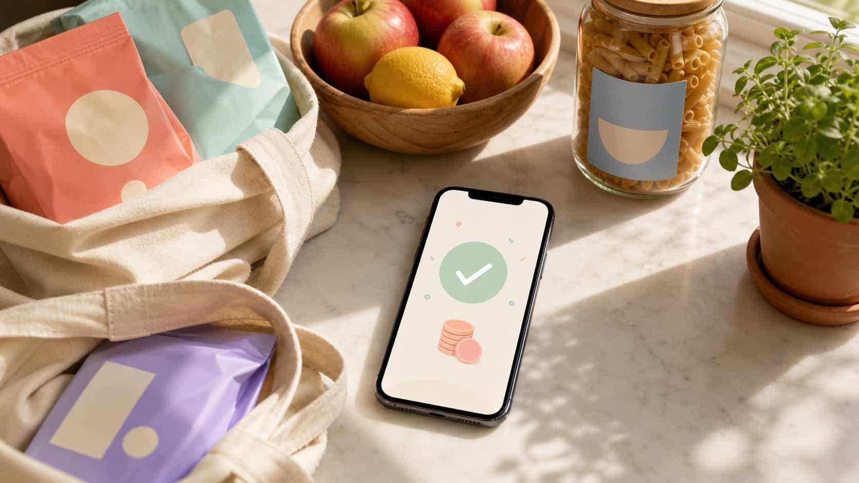 Celular sobre uma bancada de cozinha mostrando uma tela abstrata de confirmação de cashback ao lado de sacolas de pano e produtos genéricos