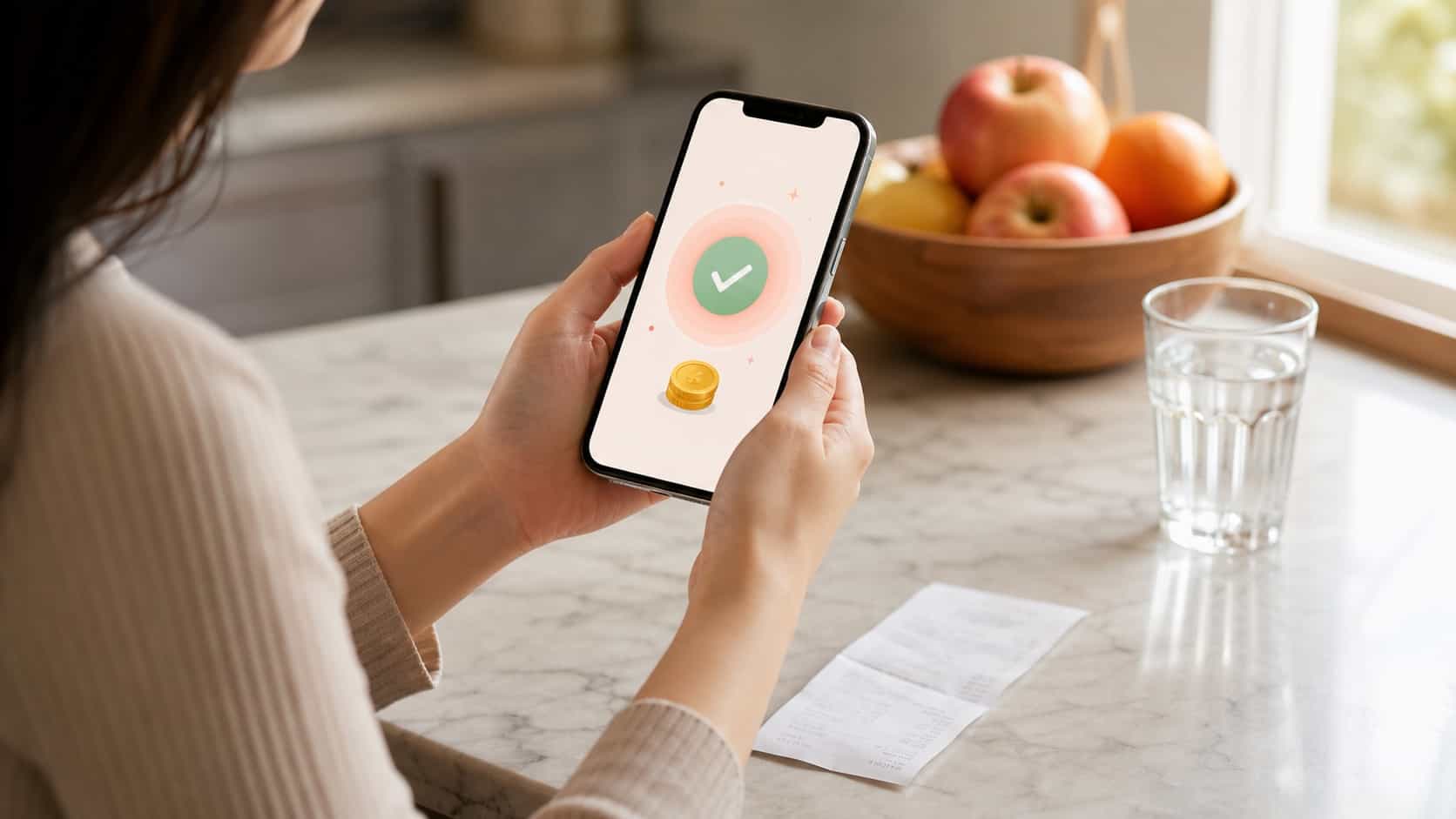 Hands holding a phone over a grocery receipt on a kitchen counter showing an abstract cashback confirmation