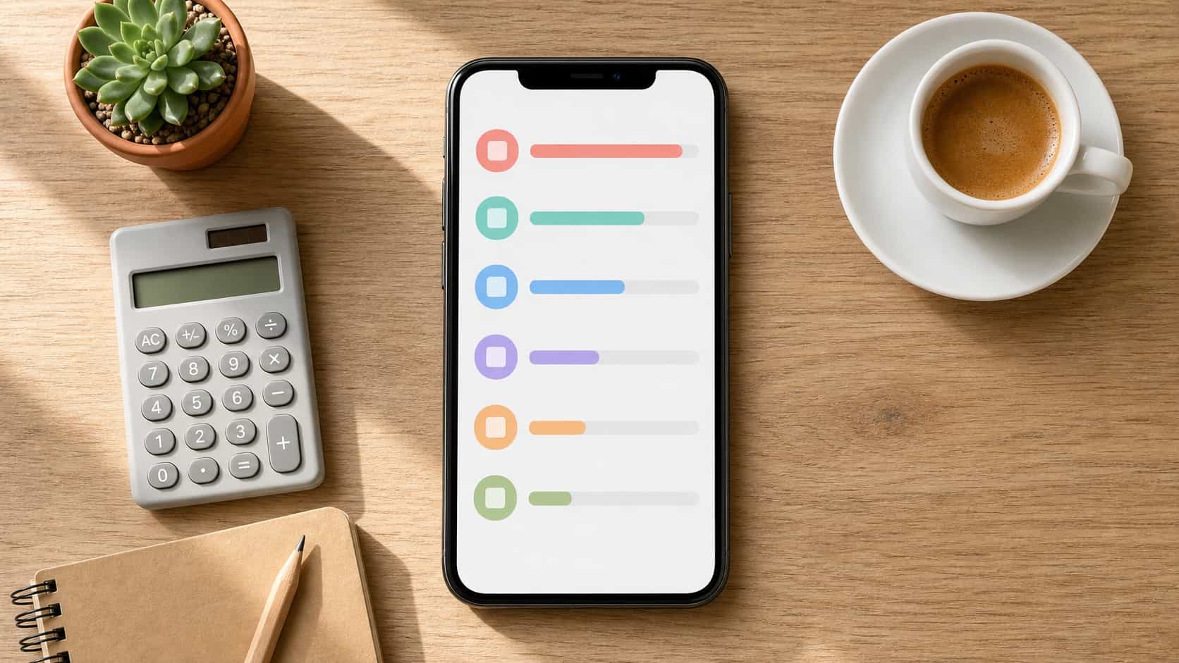 Top-down view of a phone on a desk showing an abstract earnings comparison with several colorful app rows next to a calculator and coffee