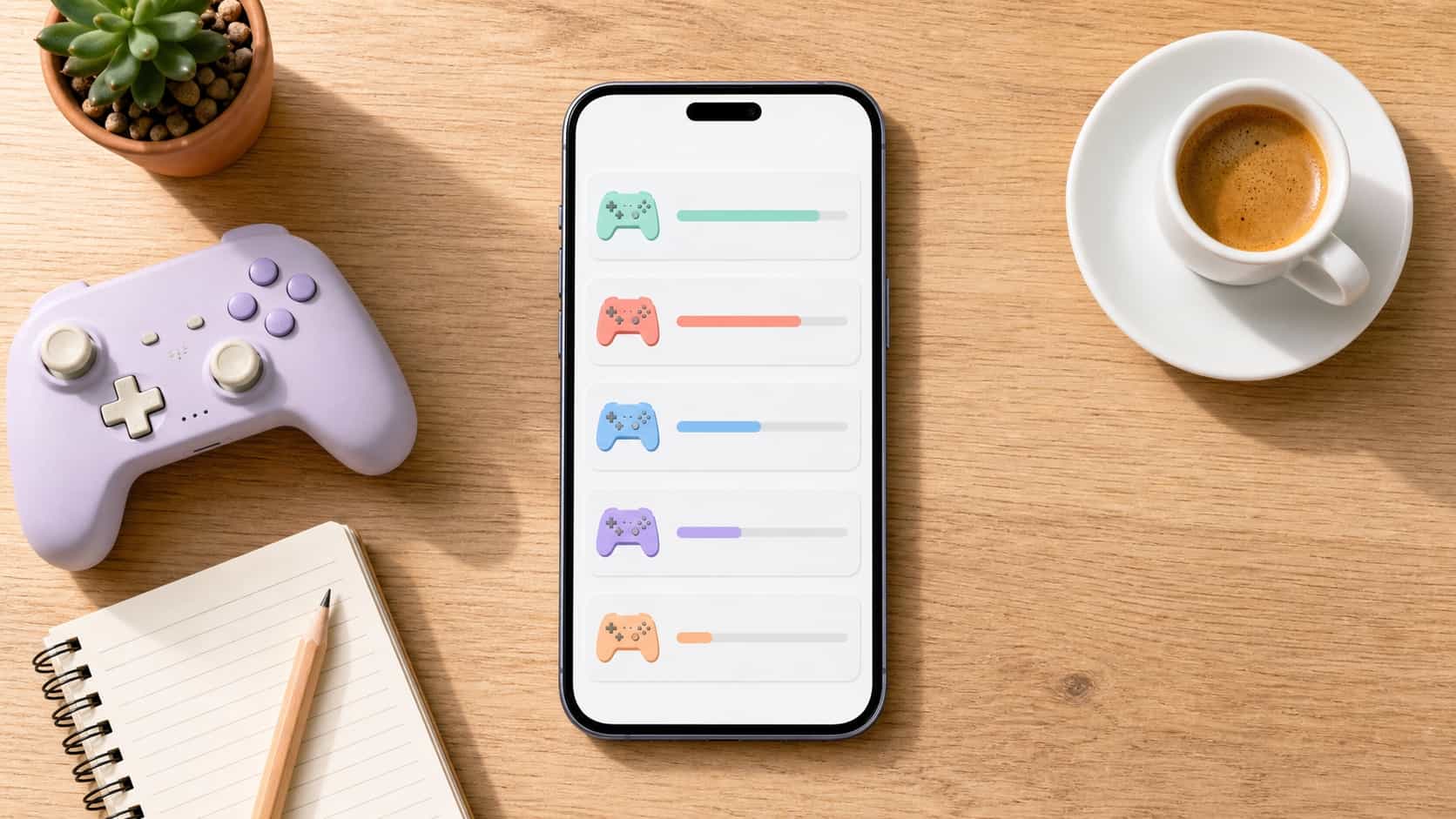 Top-down view of a phone on a desk showing an abstract comparison of game apps with payout-speed bars next to a controller and coffee