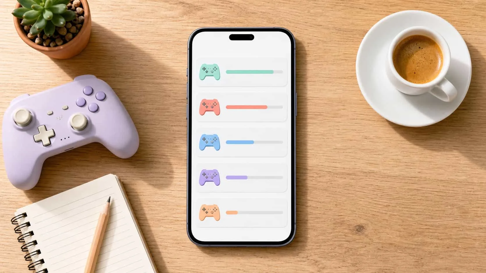 Vista desde arriba de un celular sobre un escritorio mostrando una comparación abstracta de apps de juegos con barras de velocidad de pago junto a un control y un café
