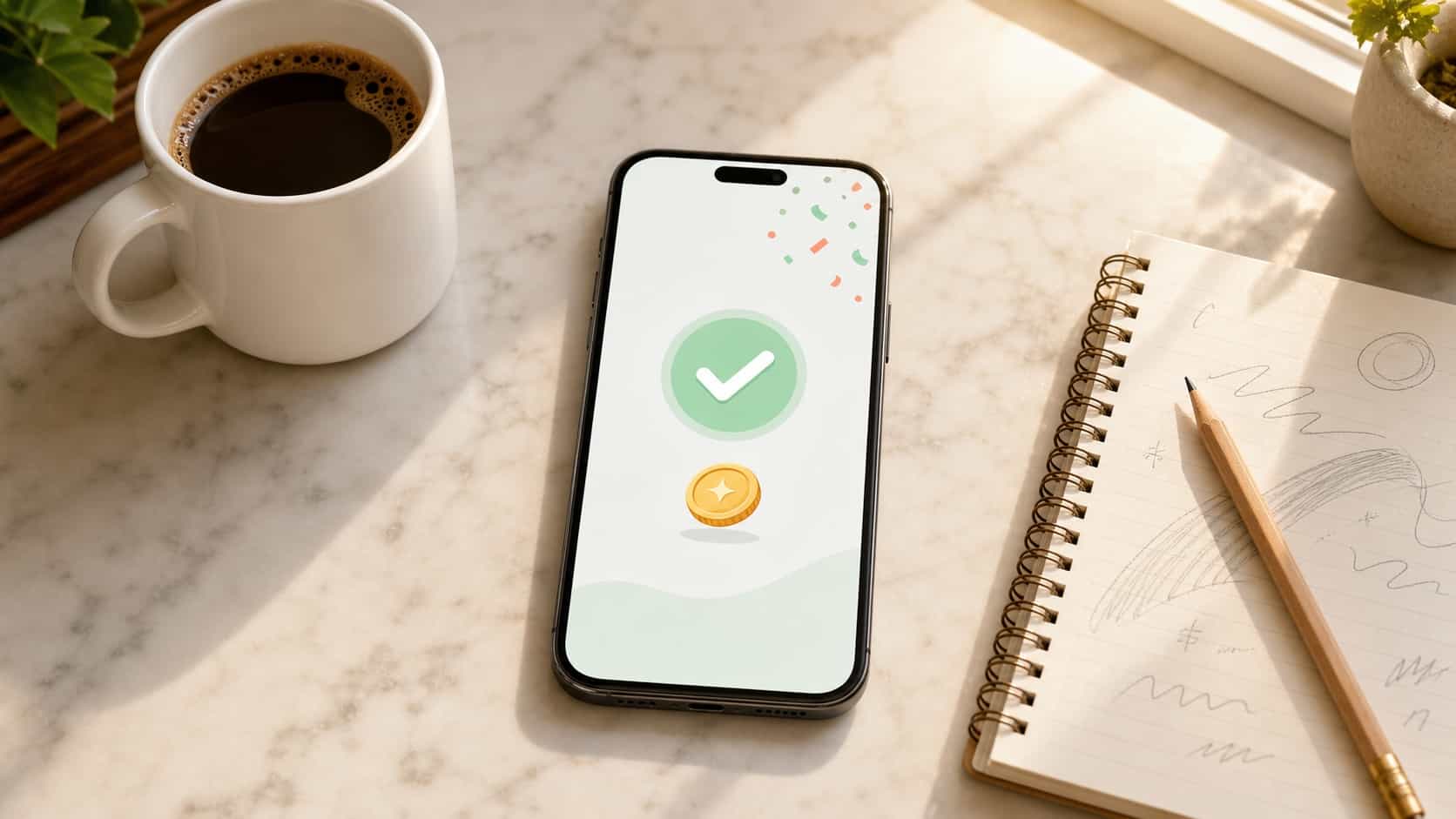 Phone on a kitchen counter showing an abstract reward cashed-out confirmation next to a coffee mug