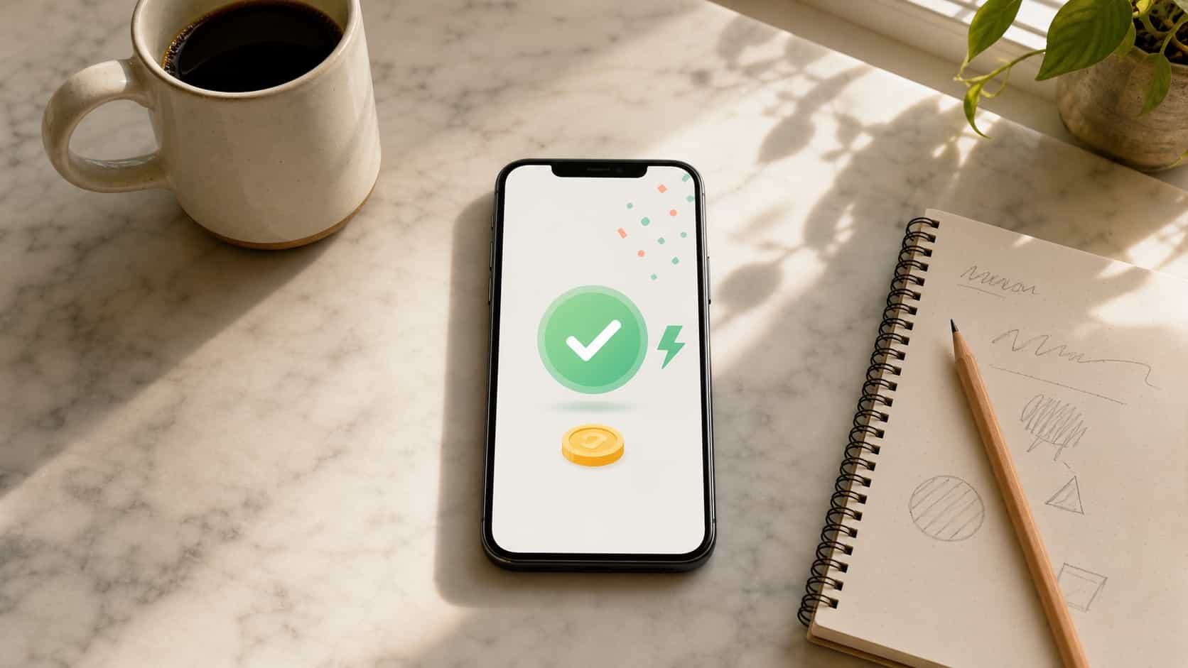 Phone on a kitchen counter showing an abstract instant bonus received notification next to a coffee mug
