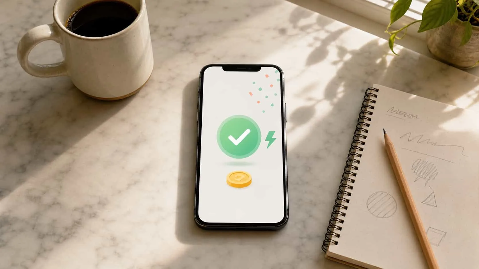 Phone on a kitchen counter showing an abstract instant bonus received notification next to a coffee mug