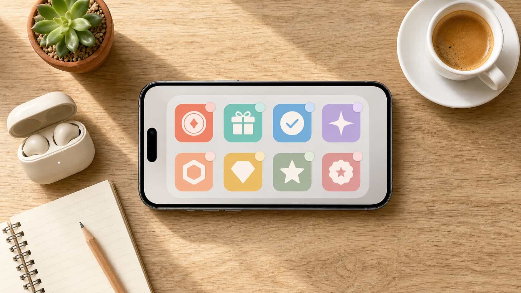 Top-down view of a phone on a light desk showing a folder of colorful abstract app icons with small bonus highlights next to coffee and earbuds