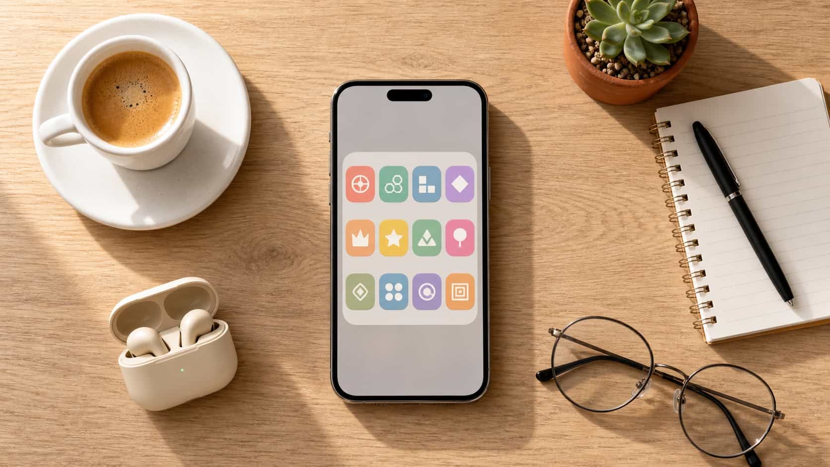Vista superior de um smartphone em uma mesa de madeira clara mostrando uma pasta com ícones coloridos abstratos de jogos ao lado de café, fones e um caderno