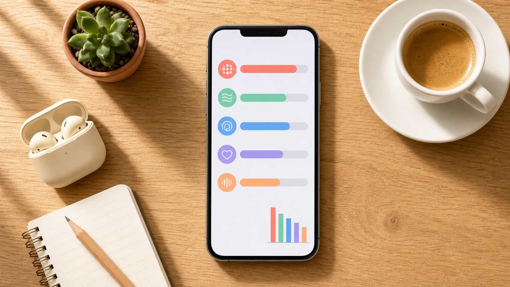 Top-down view of a phone on a light desk showing an abstract comparison interface of multiple music apps with stacked progress bars next to a coffee and earbuds