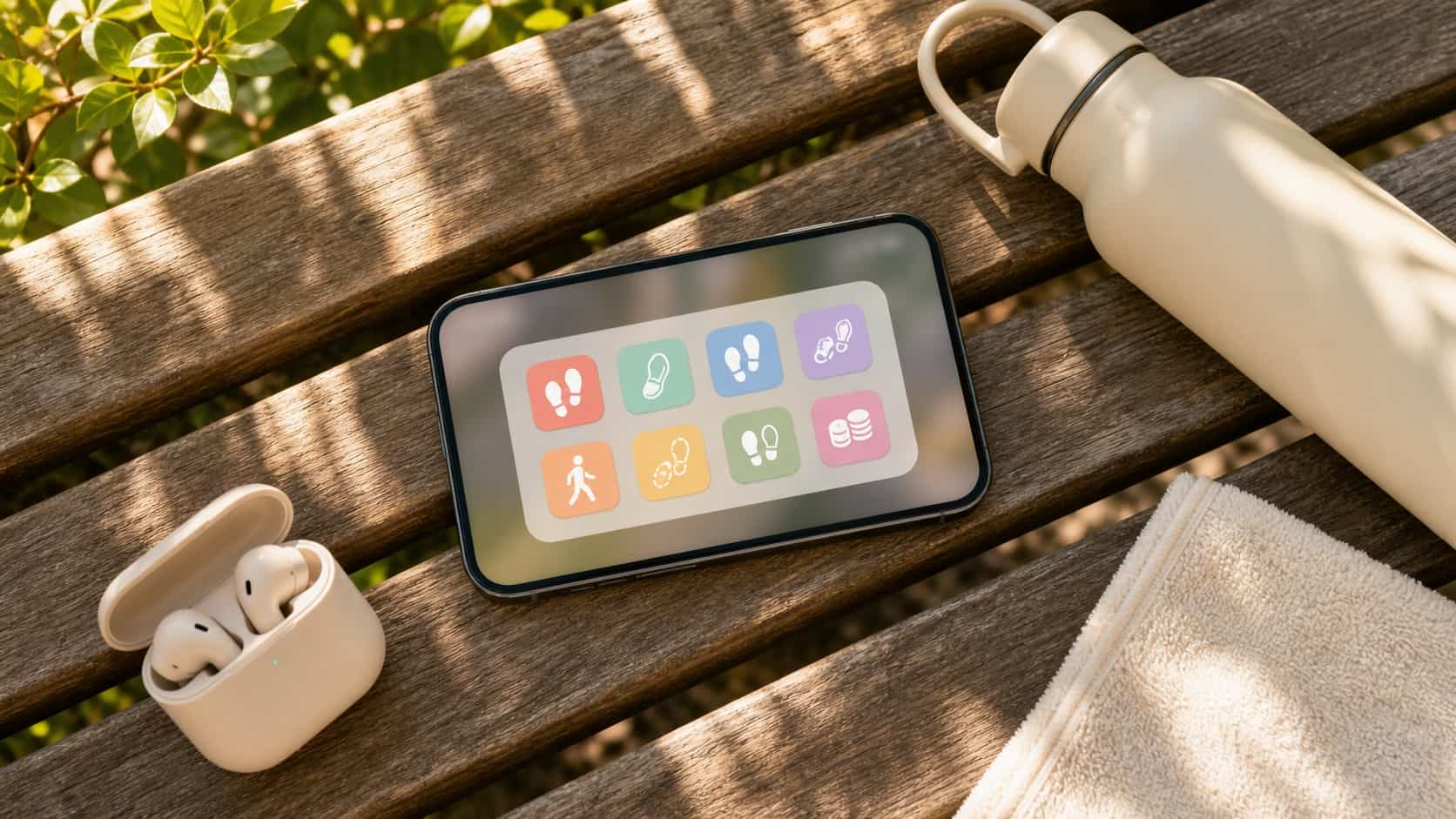 Phone on a wooden park bench showing a folder of colorful abstract walking app icons next to a water bottle and earbuds