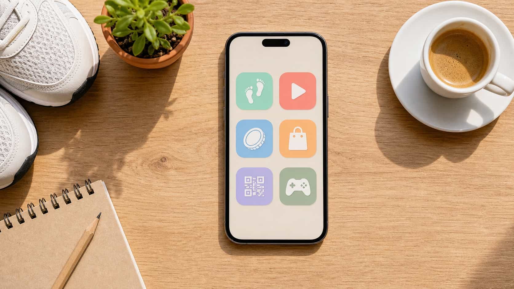 Top-down view of a phone on a desk showing a folder of abstract app icons for walking, video and cashback next to coffee