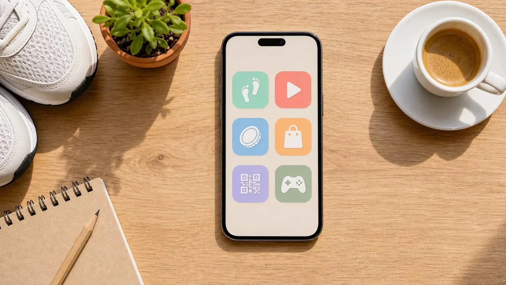 Top-down view of a phone on a desk showing a folder of abstract app icons for walking, video and cashback next to coffee