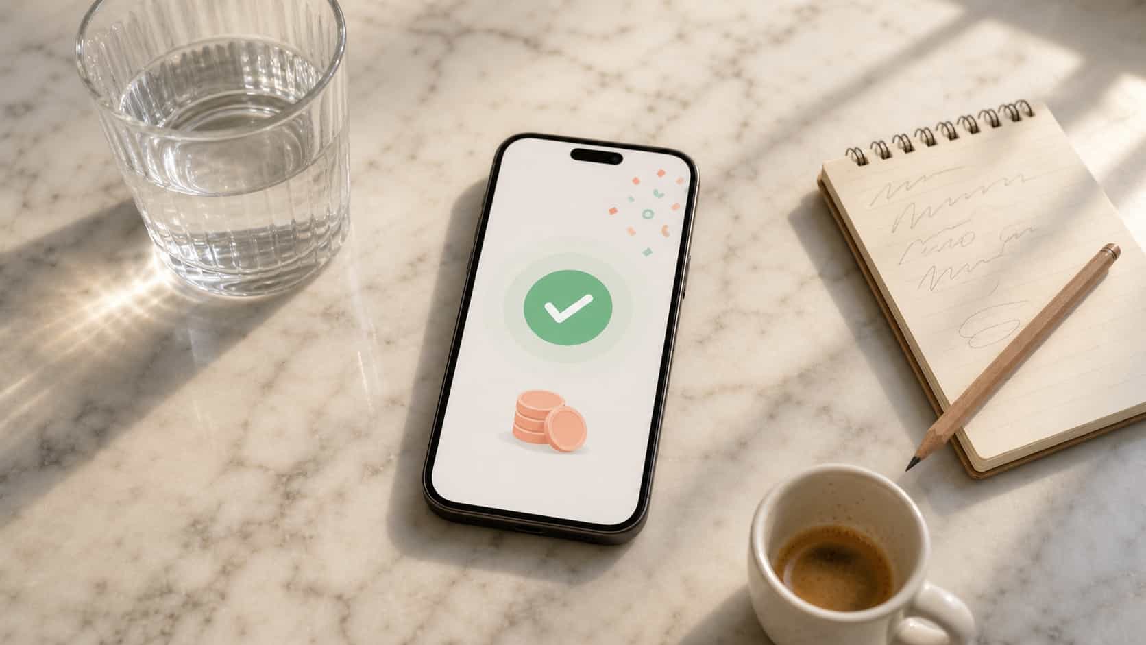 Phone on a kitchen counter showing an abstract money received notification next to a glass of water and a notebook