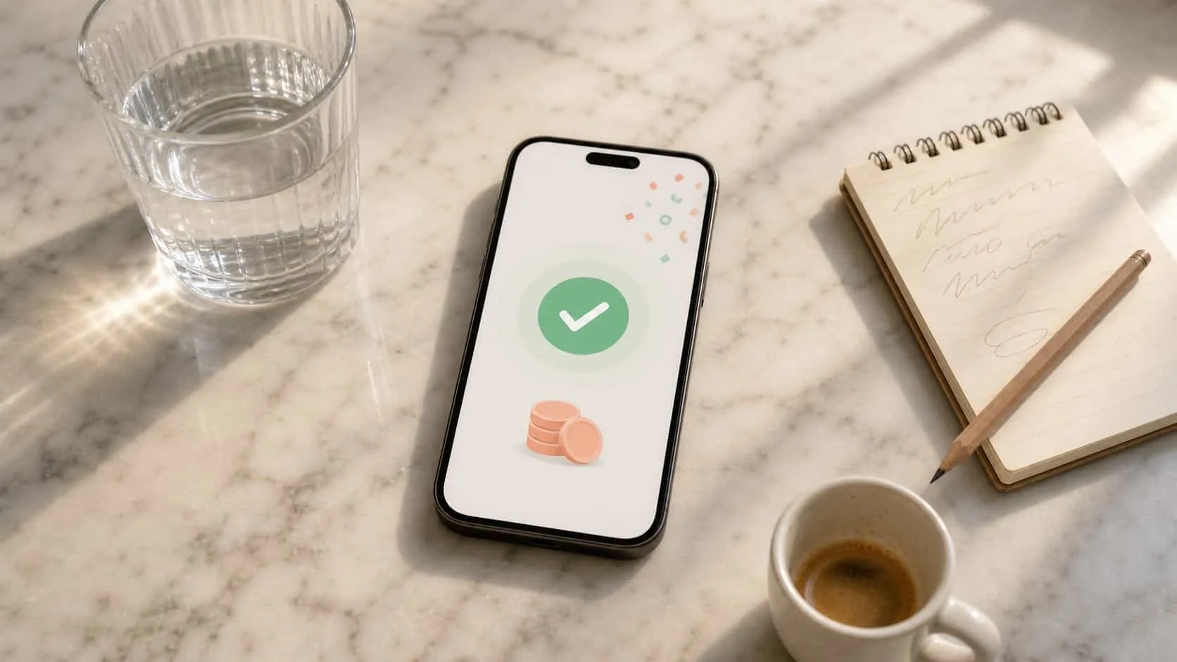 Celular sobre uma bancada de cozinha mostrando uma notificação abstrata de dinheiro recebido ao lado de um copo de água e um caderno