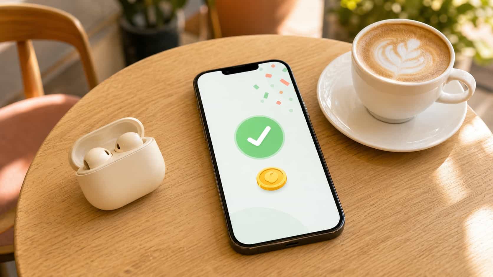 Phone on a cafe table showing an abstract payout confirmation next to a coffee cup and earbuds