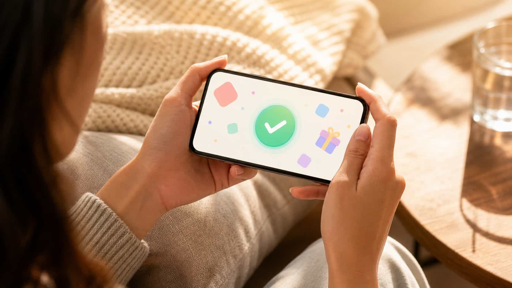 Mãos segurando um smartphone mostrando uma interface abstrata de saque em jogo mobile com um ícone de confirmação verde suave