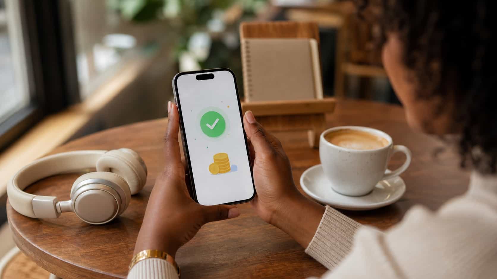 Hands holding a phone in a cafe showing an abstract real payout confirmation next to headphones