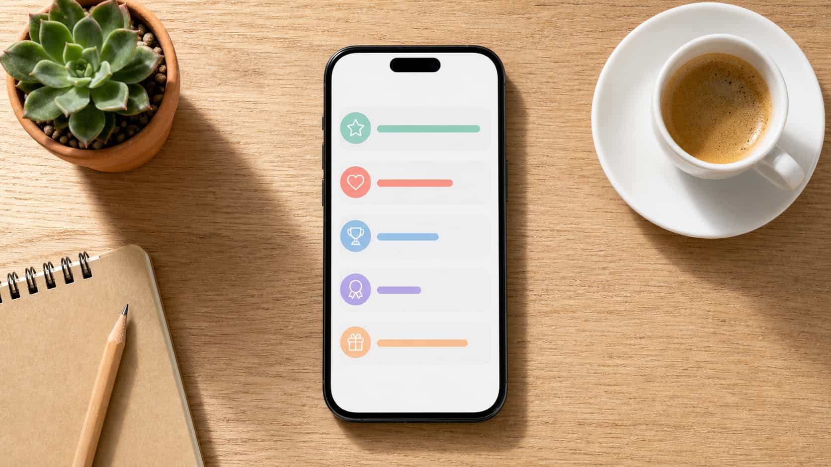 Top-down view of a phone on a desk showing an abstract comparison of referral apps with reward bars next to a notebook and coffee