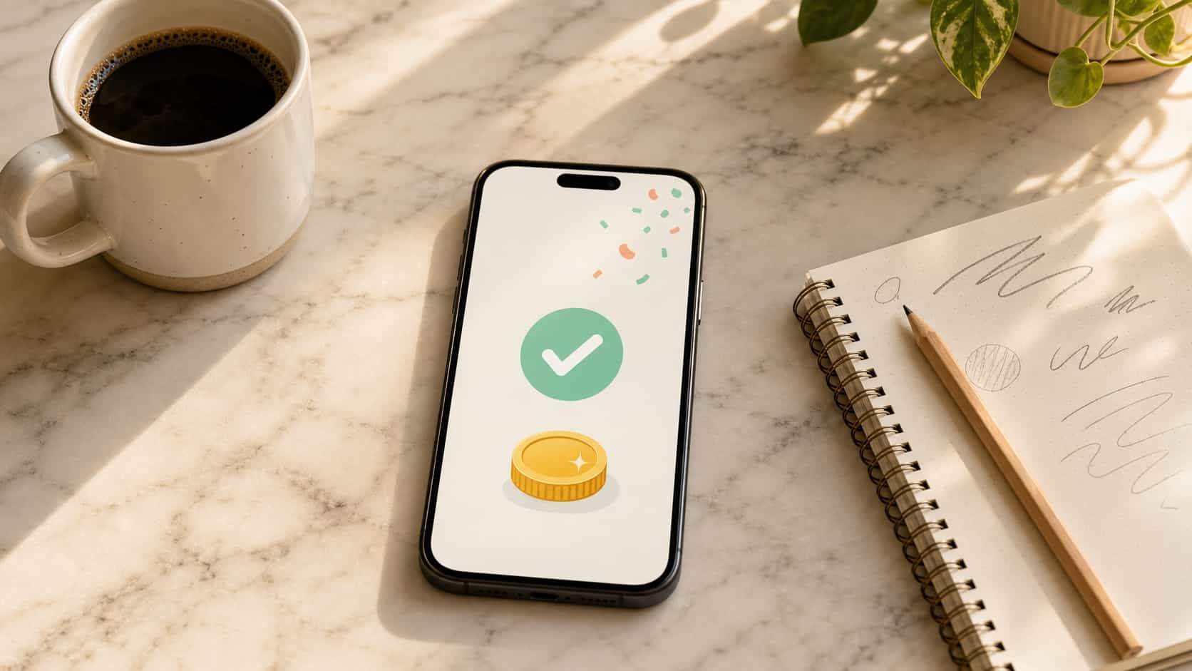 Phone on a kitchen counter showing an abstract referral payout received notification next to a coffee mug