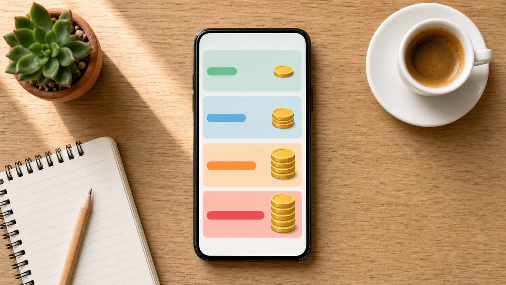 Top-down view of a phone on a desk showing abstract referral payout tiers from small to large next to a notebook and coffee