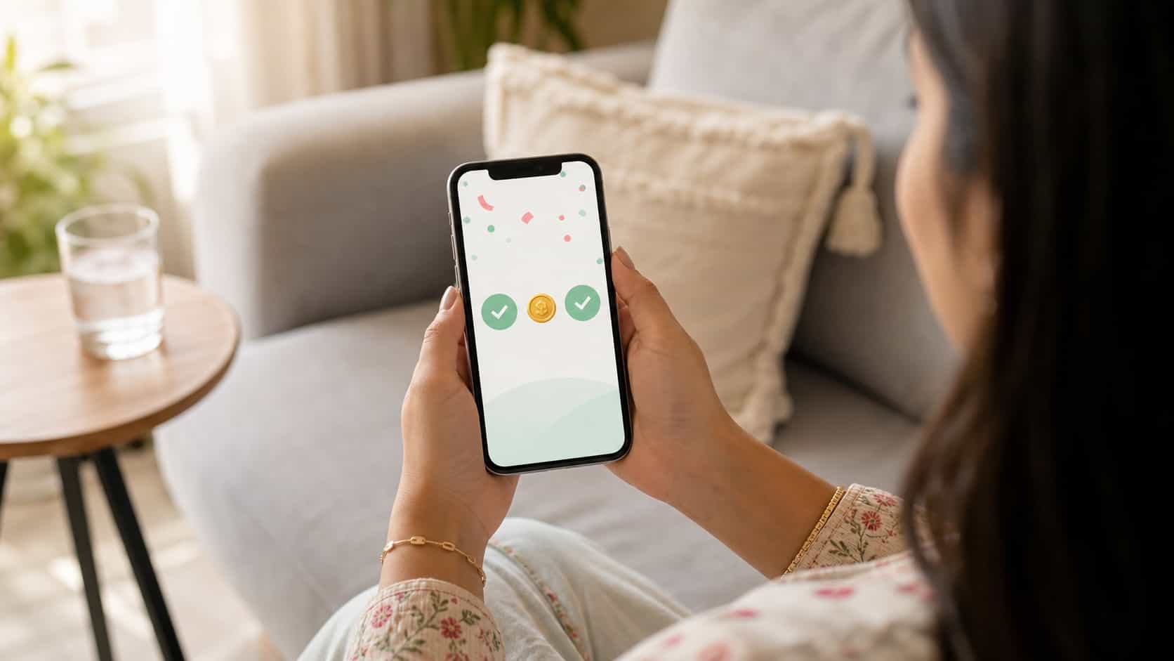 Hands holding a phone on a couch showing an abstract two-sided referral reward confirmation