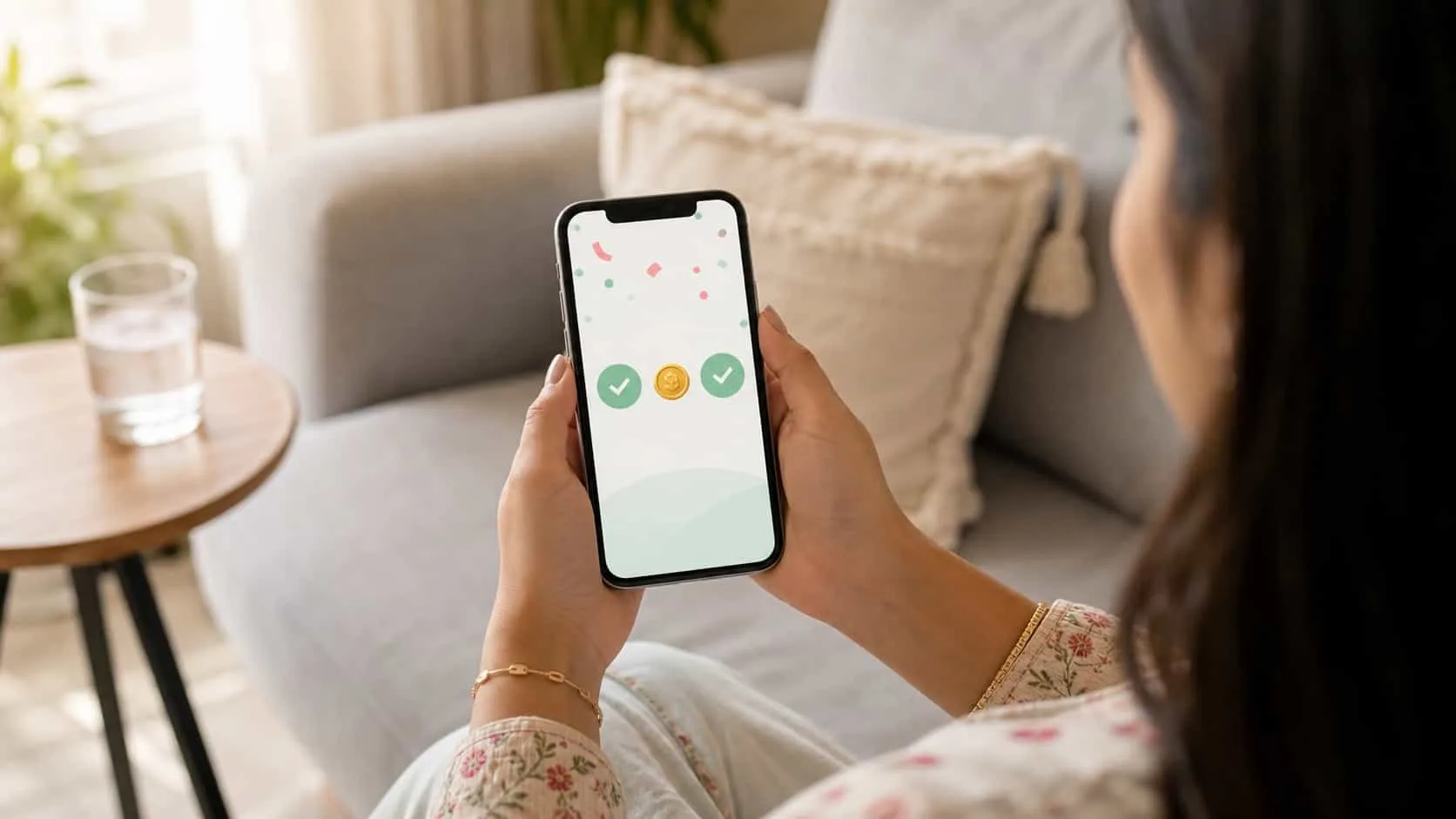 Hands holding a phone on a couch showing an abstract two-sided referral reward confirmation