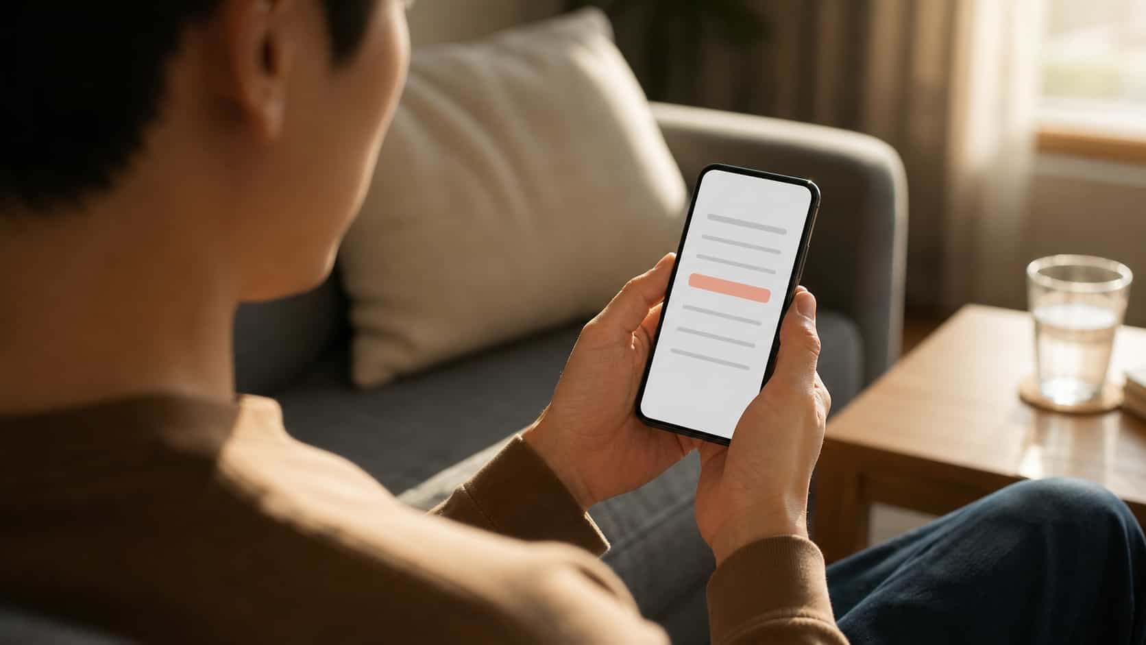 Hands holding a phone showing an abstract referral terms screen with a highlighted condition, on a couch