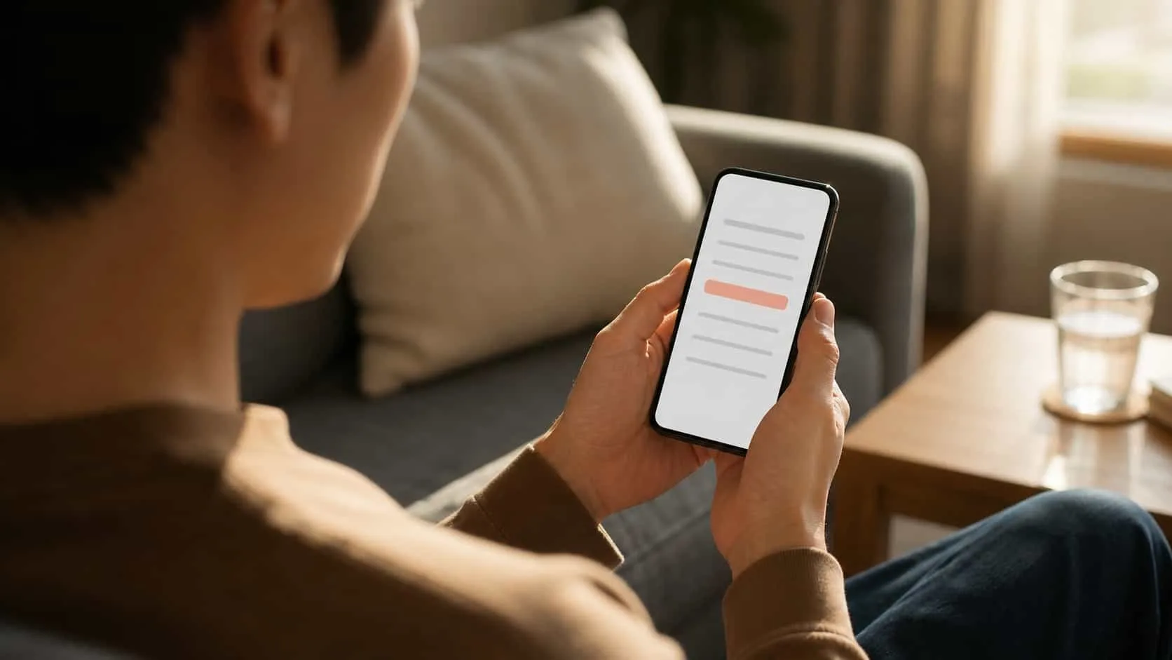 Hands holding a phone showing an abstract referral terms screen with a highlighted condition, on a couch