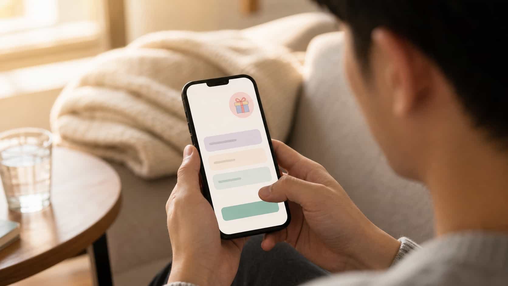 Hands holding a phone on a couch showing an abstract signup form interface with a small bonus highlight