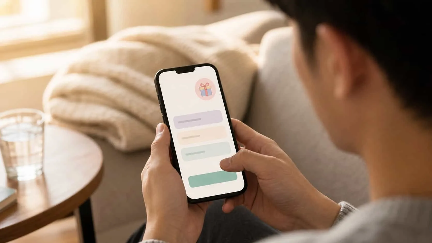 Mãos segurando um celular em um sofá mostrando uma interface abstrata de cadastro com um destaque suave de bônus