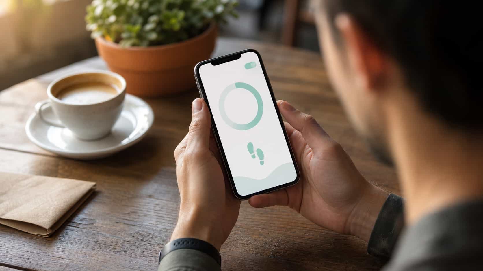 Hands holding a phone on a cafe table showing an abstract free-tier step counter interface next to a coffee cup