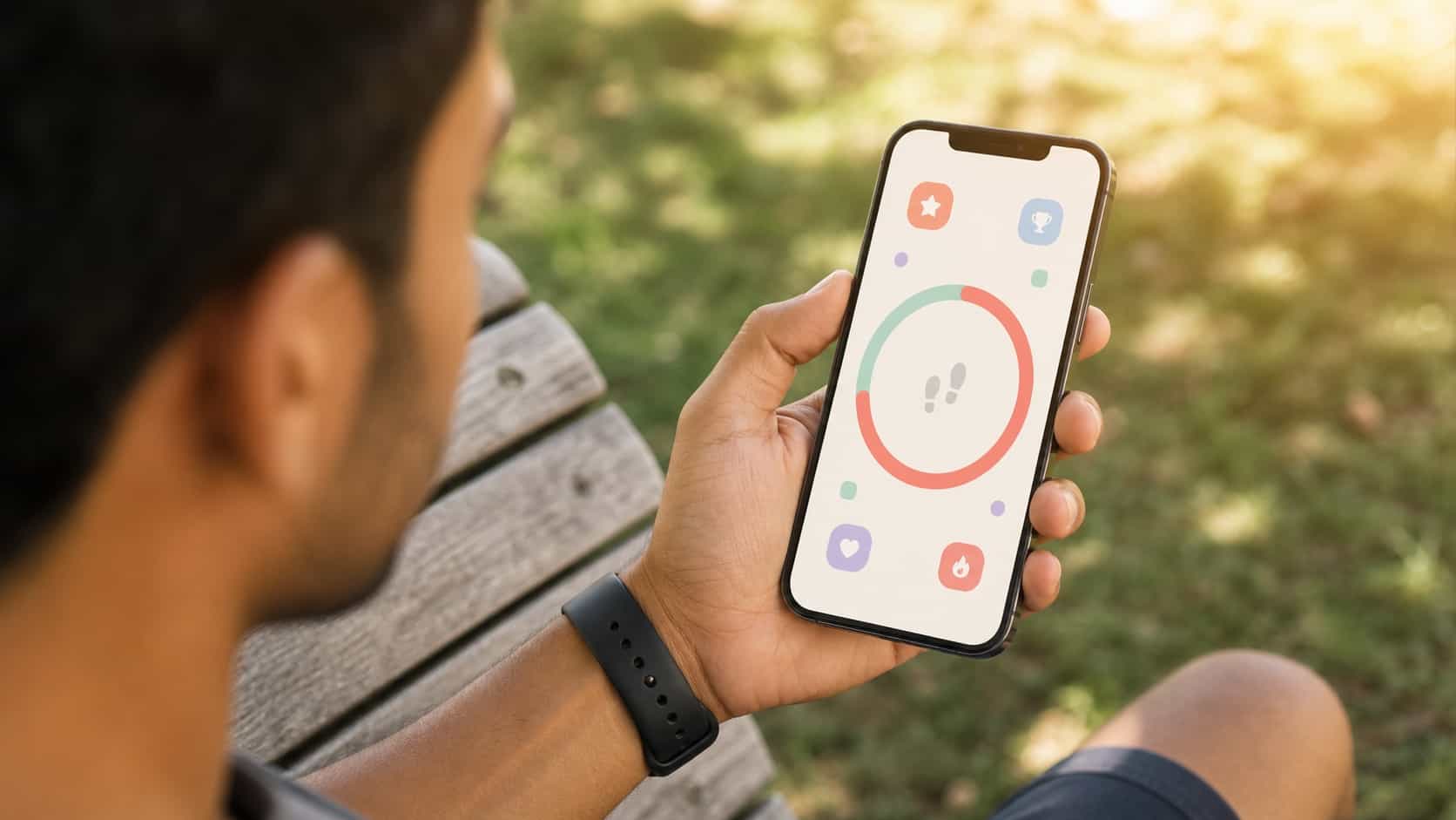 Close-up of a hand holding a phone on a park bench showing an abstract step counter with a soft pastel progress ring almost complete