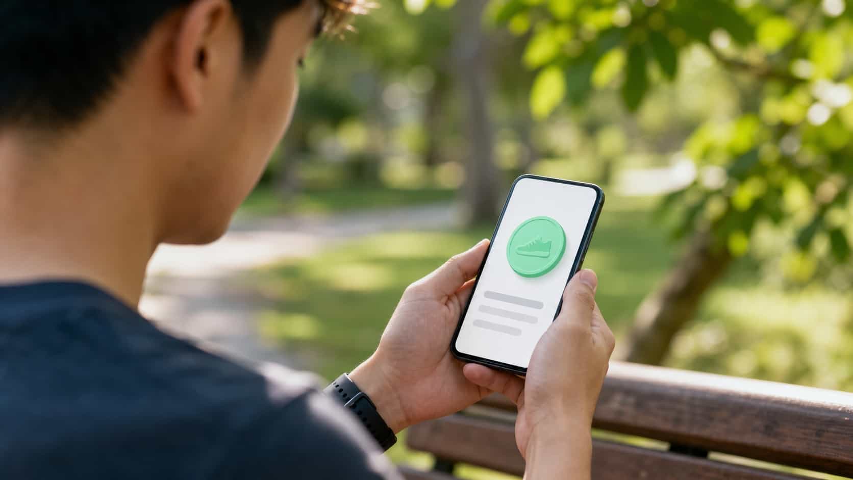 Hands holding a phone on a park bench showing an abstract step-reward balance screen