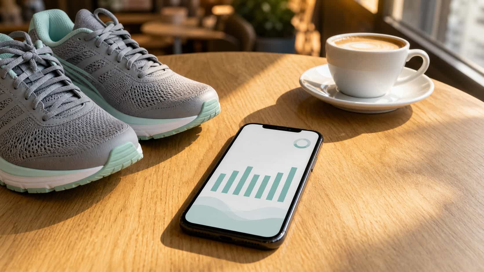 Phone resting on a cafe table next to running shoes showing an abstract activity-summary screen