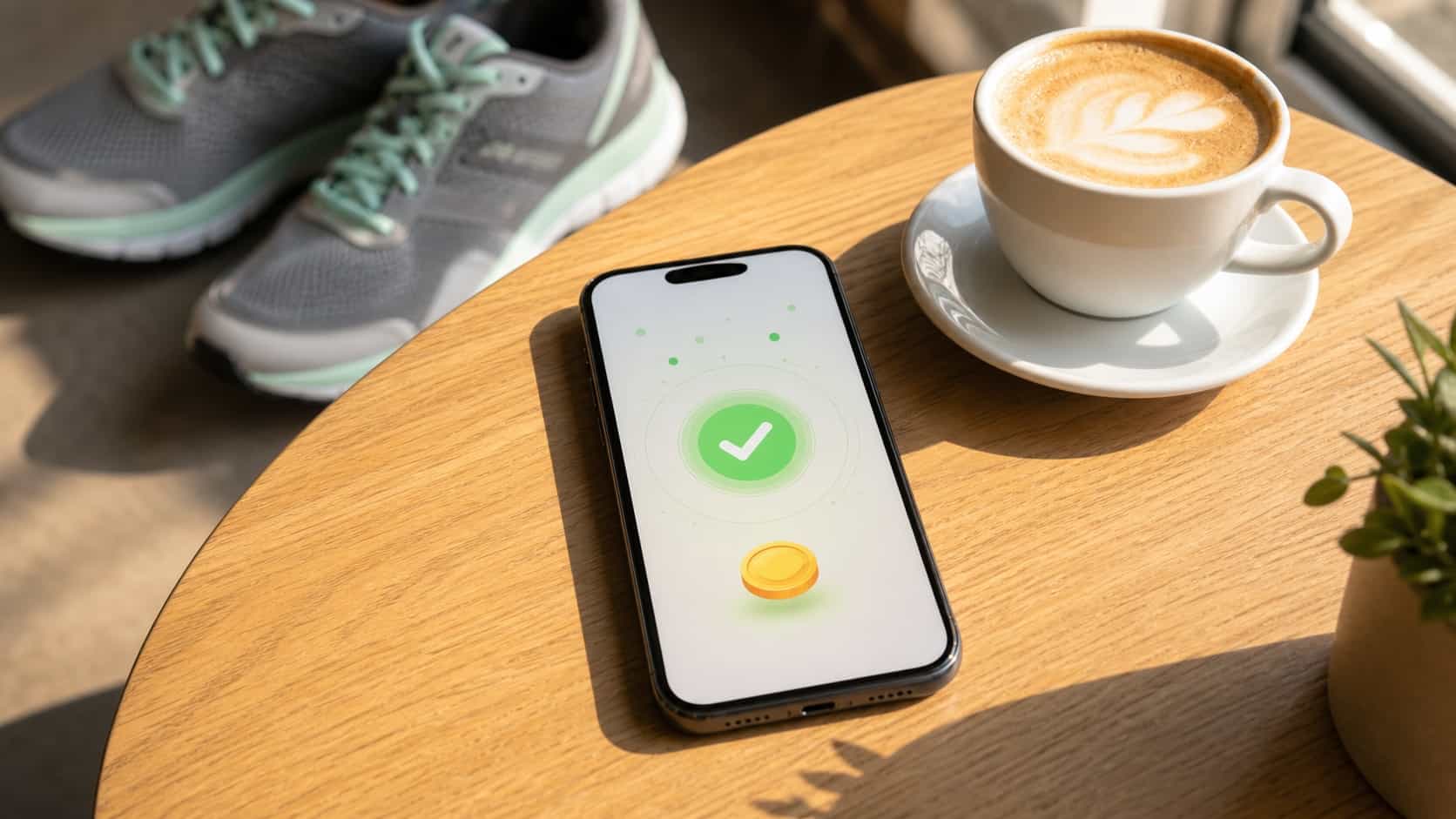 Phone on a cafe table showing an abstract payout-confirmed screen next to a coffee and running shoes
