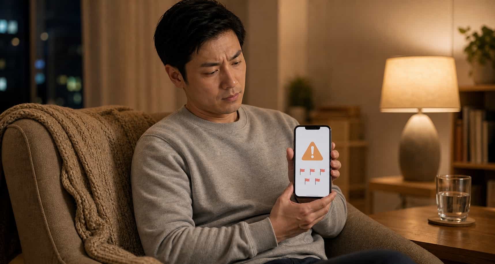 Person looking at their phone screen at home in the evening showing an abstract warning interface, skeptical expression