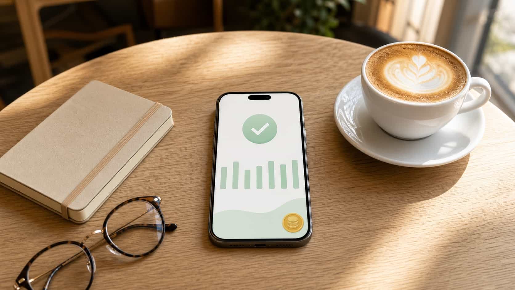 Phone on a cafe table showing an abstract weekly payout summary next to a coffee cup and a small notebook