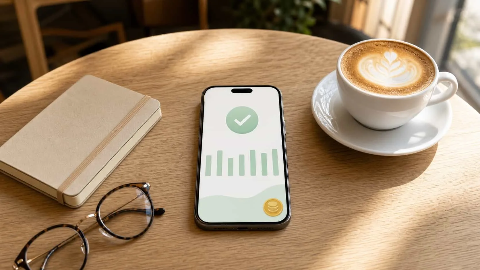 Celular sobre la mesa de un café que muestra un resumen abstracto de pagos semanales, junto a una taza de café y una libreta pequeña