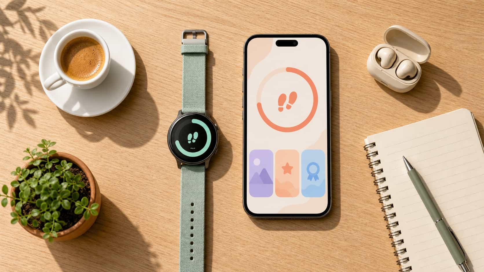 Top-down view of a smartwatch and smartphone on a light wood desk both showing abstract step tracking interfaces next to coffee and earbuds