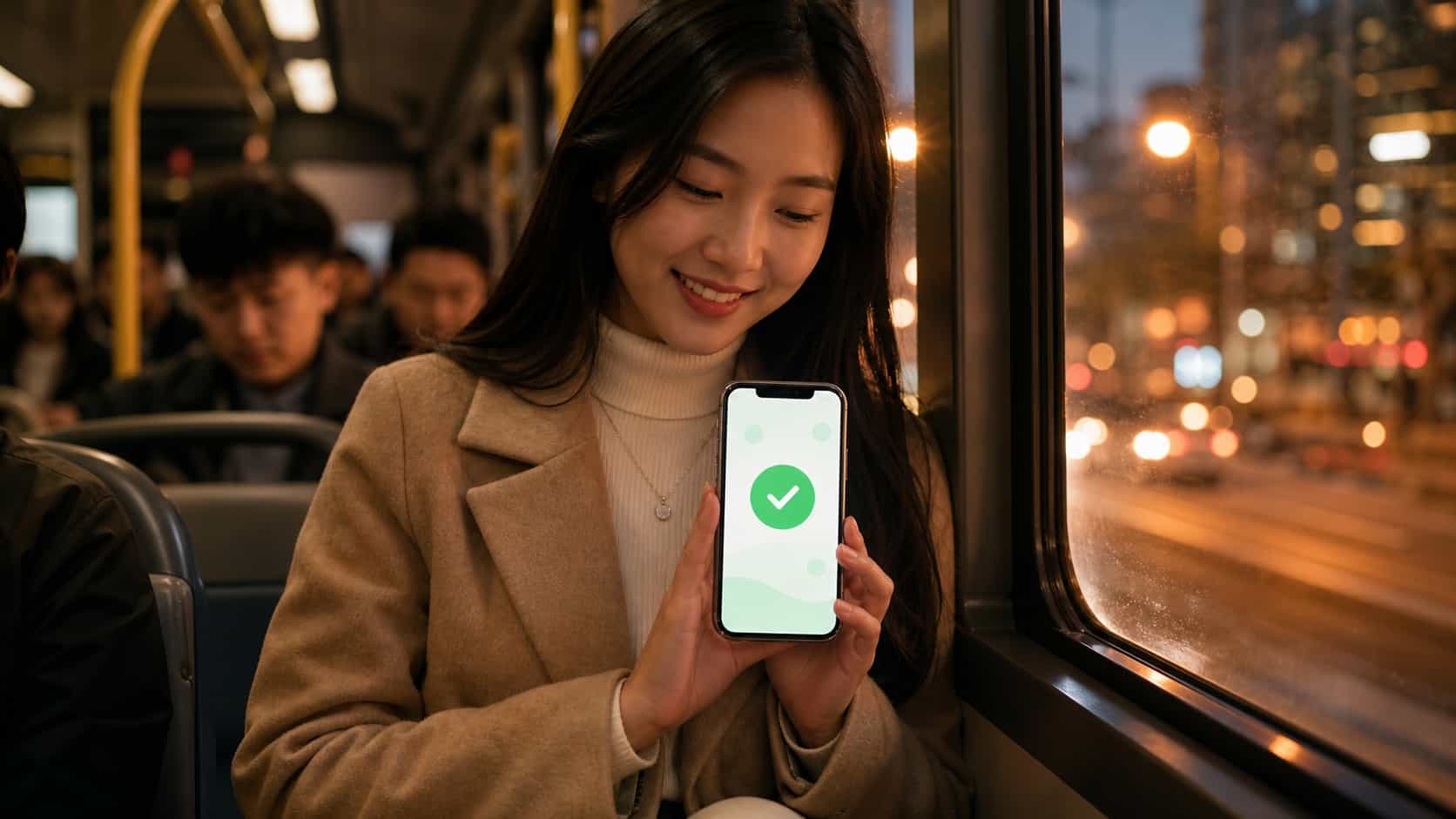 Jovem mulher em um ônibus urbano à noite olhando o celular com um pequeno sorriso, tela abstrata de saque de jogo refletida na janela