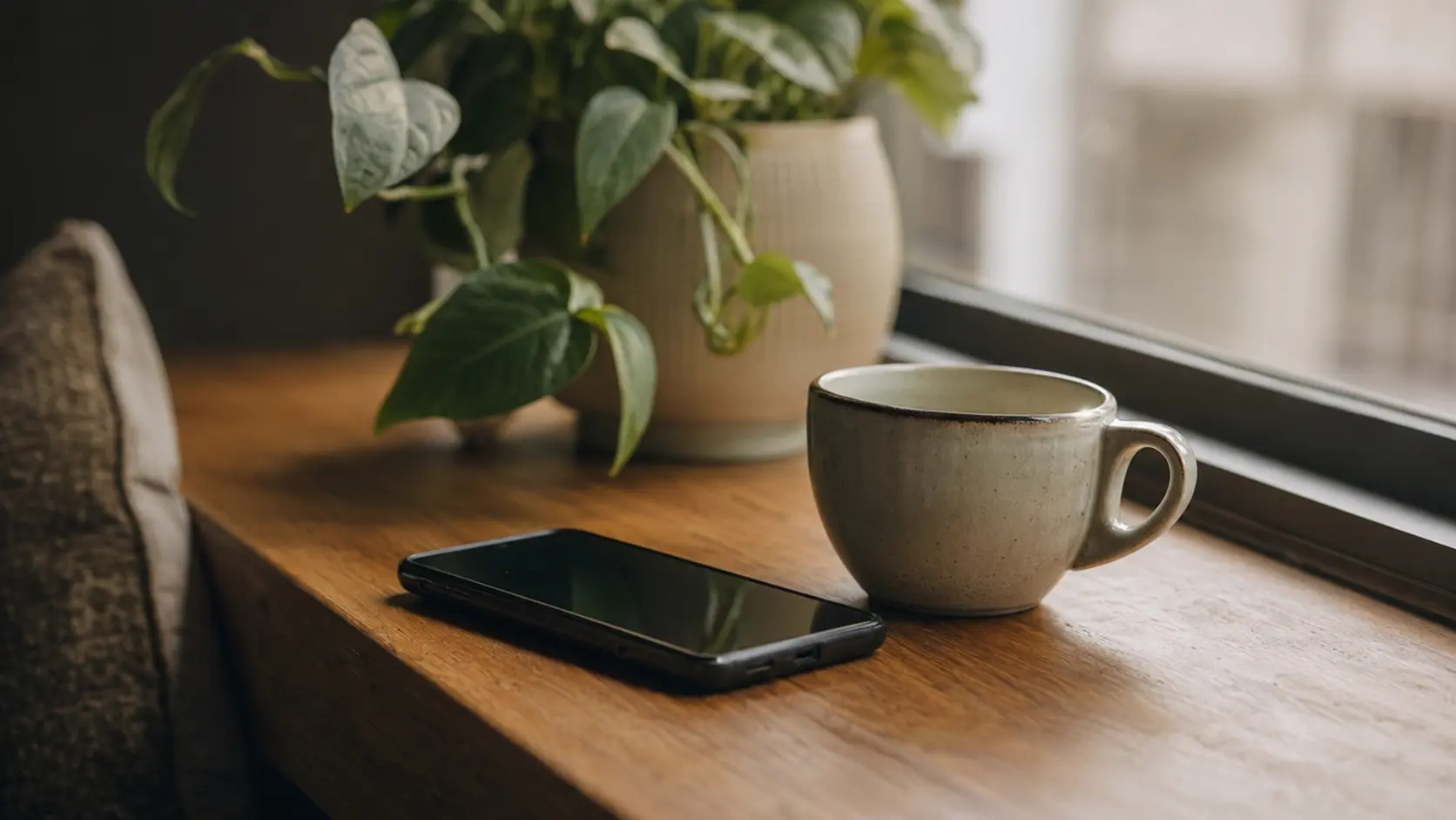 Phone resting on a windowsill in calm daylight beside a coffee cup