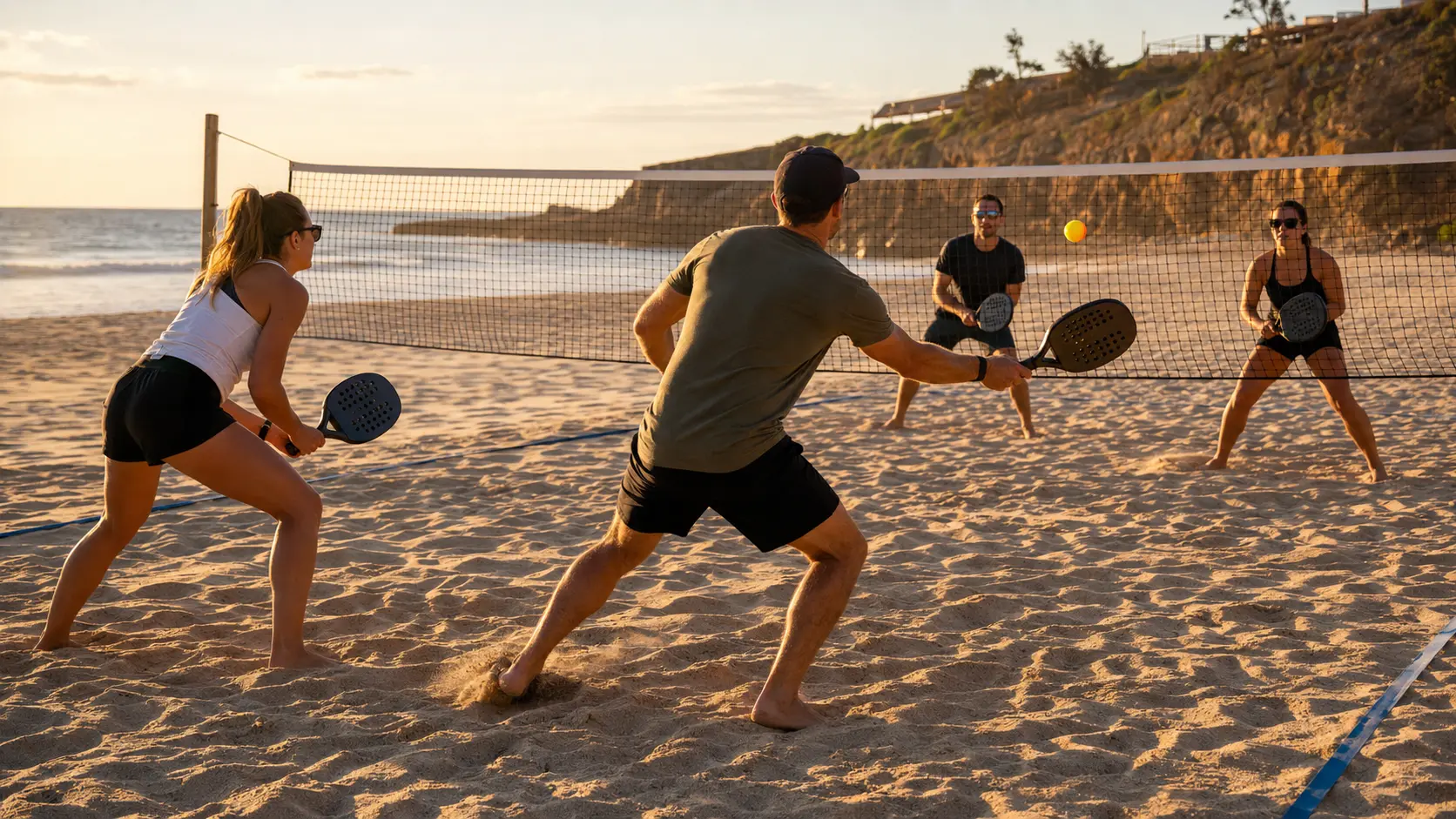 Jugadores de beach tennis en una cancha de arena con luz baja de atardecer