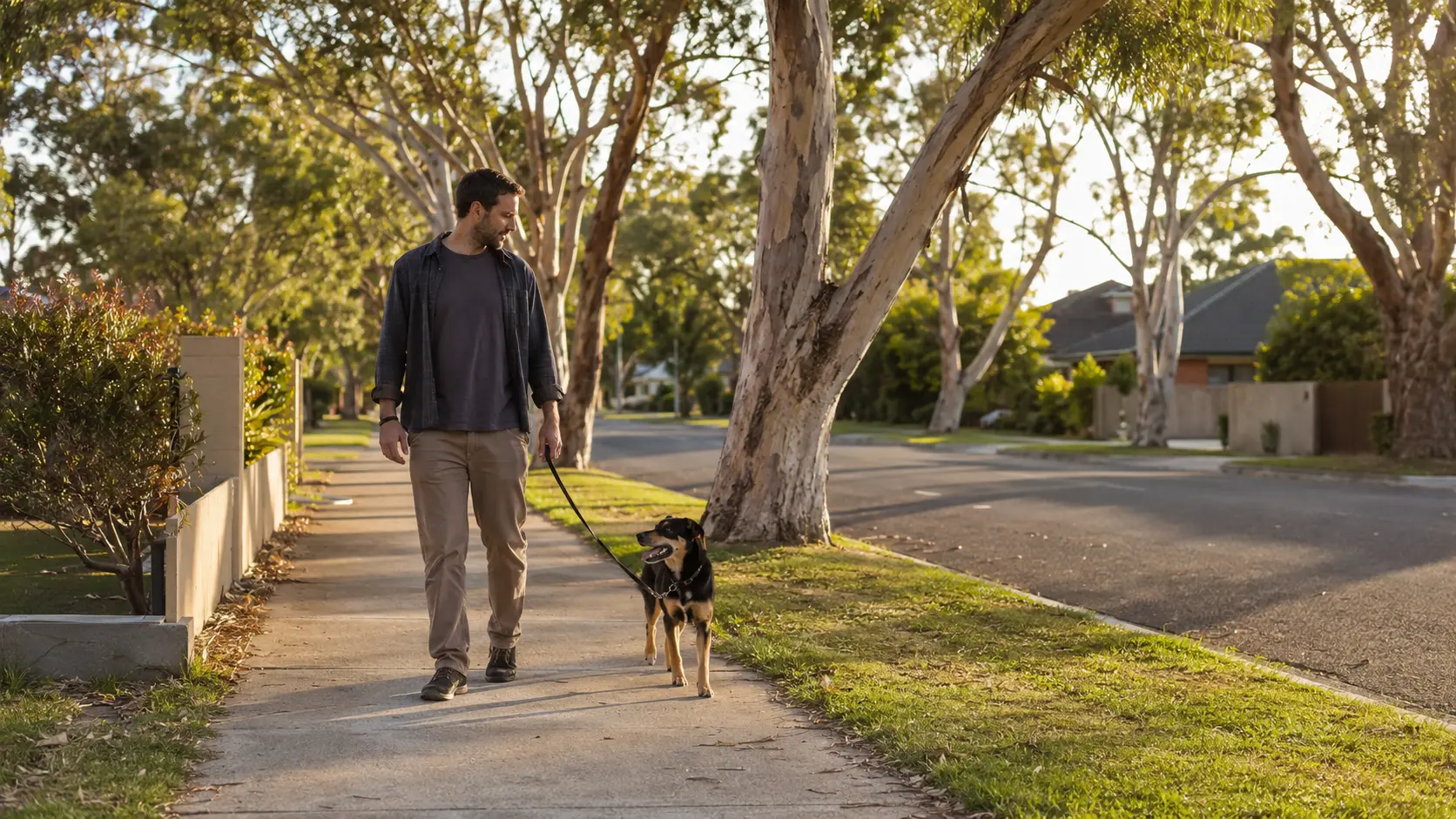 Person walking a dog through a quiet Australian suburban street in late afternoon light