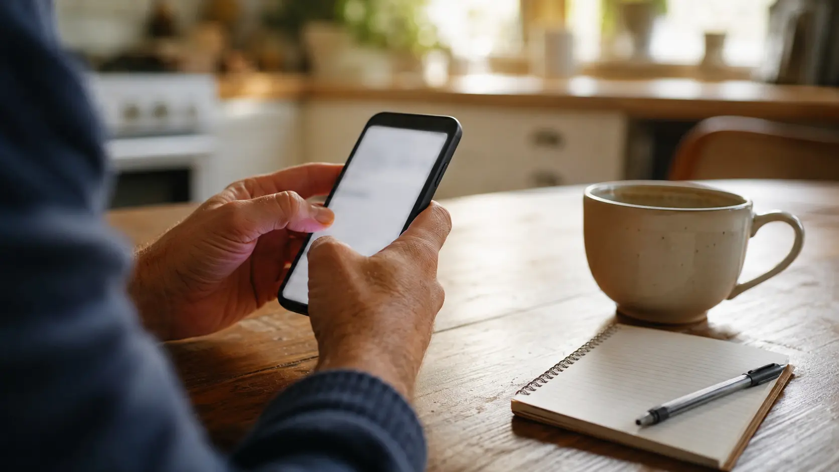 Mãos segurando um celular na mesa da cozinha ao lado de um caderno e uma xícara de café