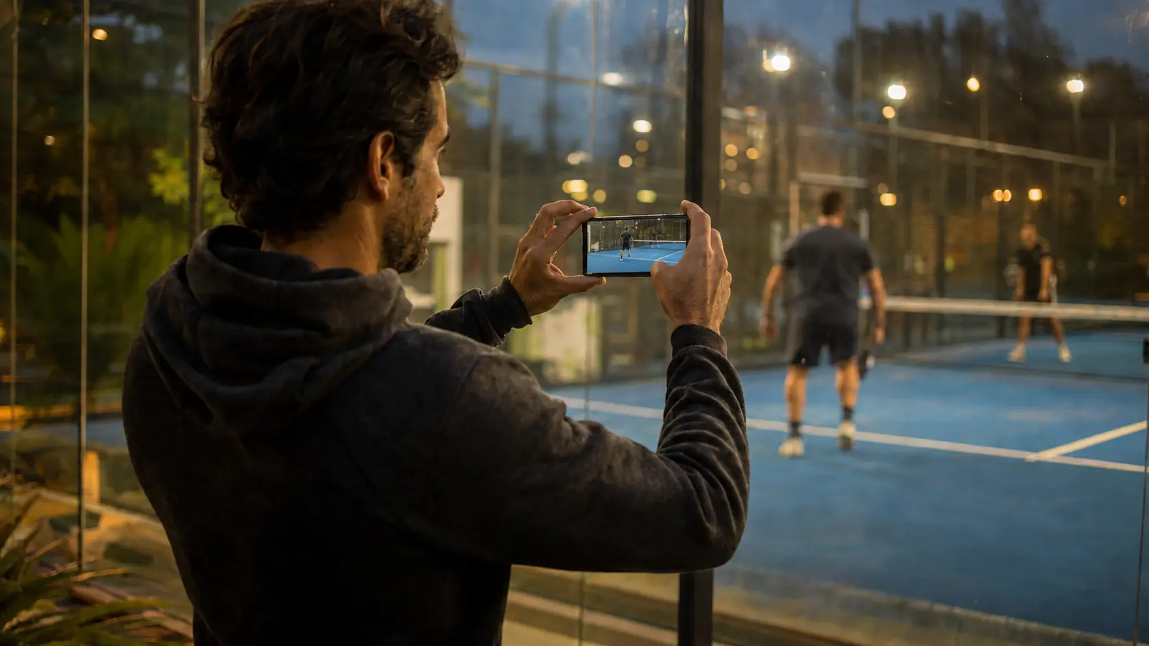 Persona filmando un partido de pádel con el celular apoyado contra el vidrio desde afuera de la cancha