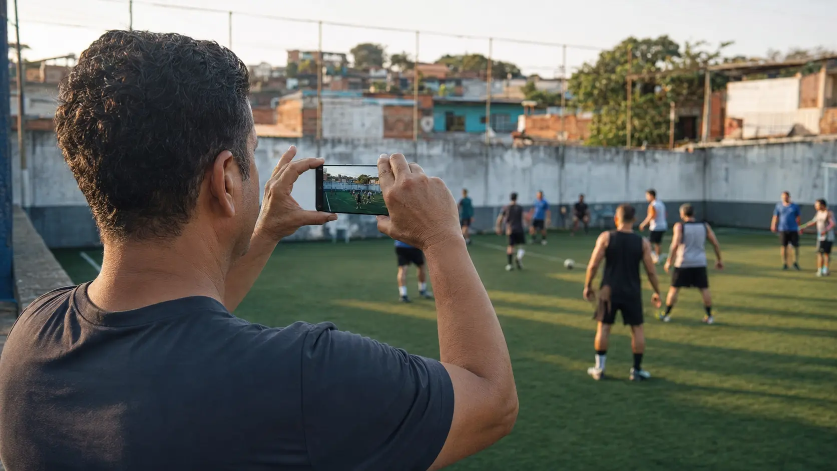 Persona en la línea lateral sosteniendo un celular en horizontal a la altura de los ojos para filmar un partido de fútbol amateur