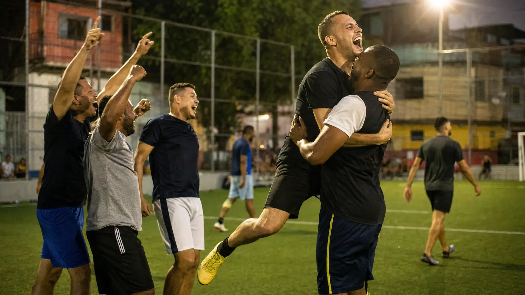 Jugadores de fútbol amateur festejando un gol en una cancha sintética bajo los reflectores