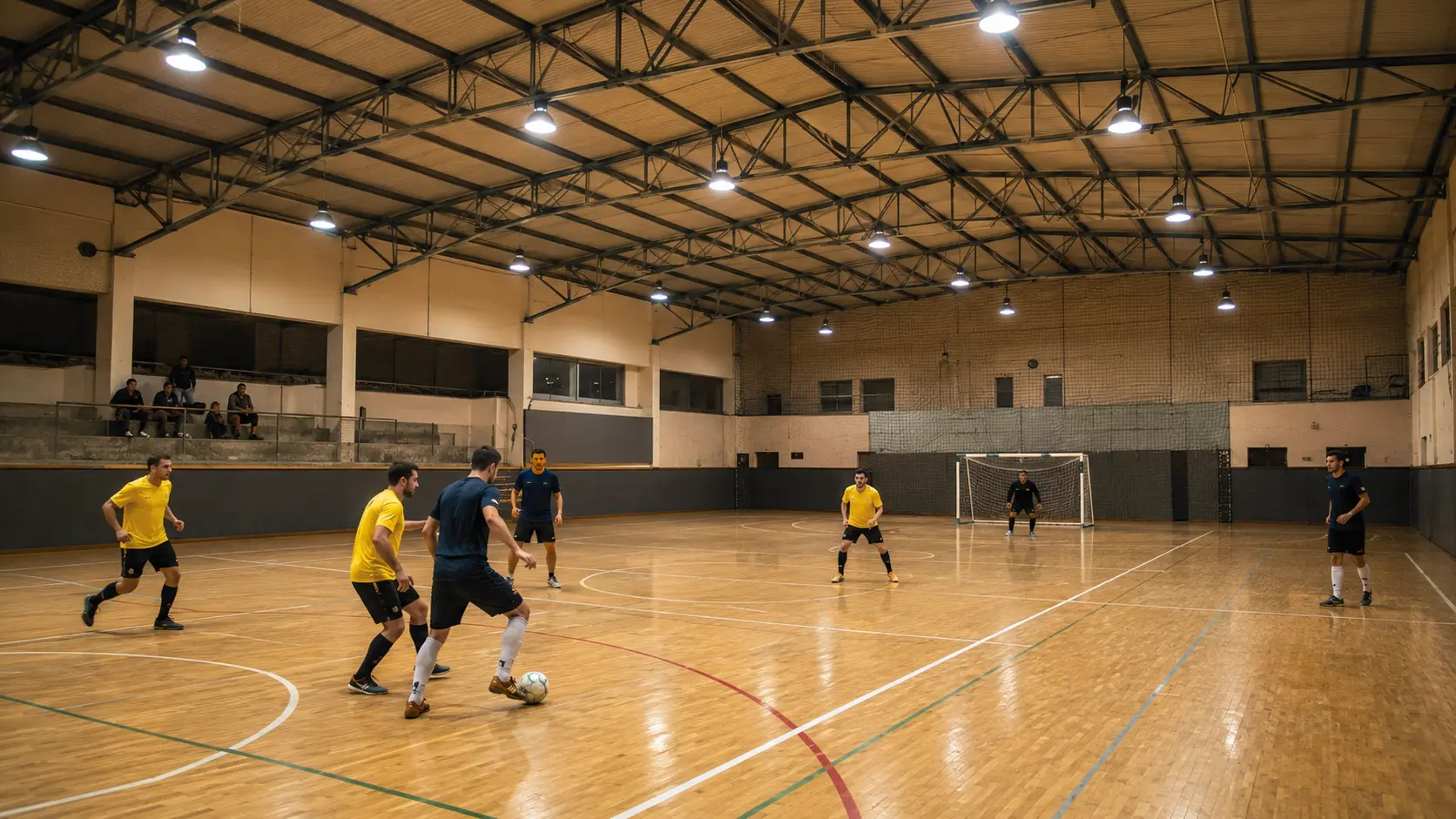 Jugadores en una cancha techada de futsal bajo luz artificial cenital