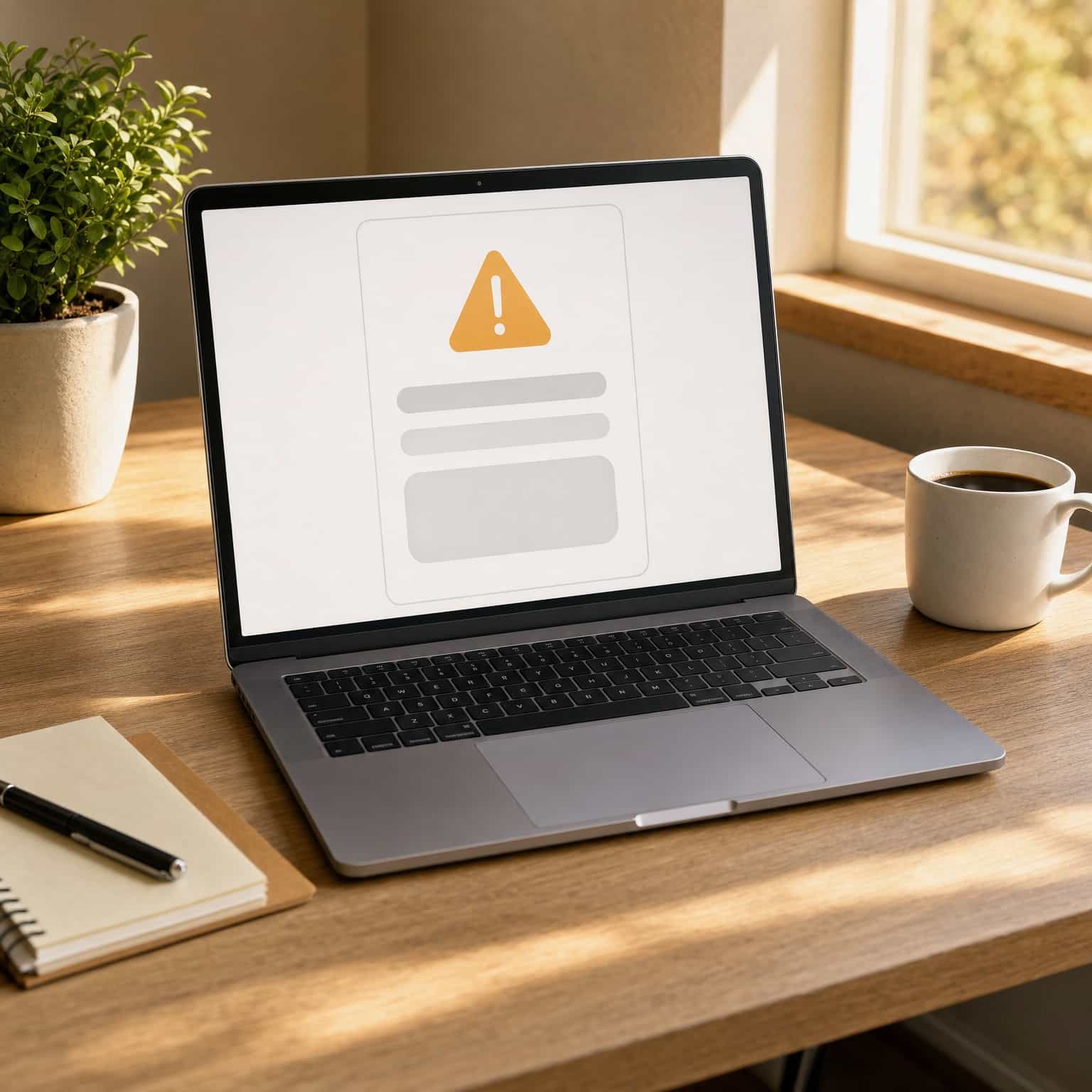 Laptop on a desk showing an abstract warning screen about an upfront-fee job scam next to coffee
