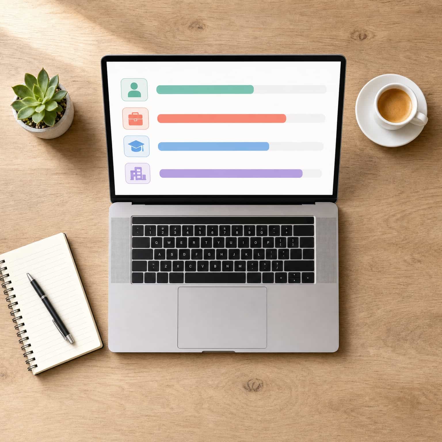 Top-down view of a laptop showing an abstract comparison of AI platforms with pay-range bars next to coffee