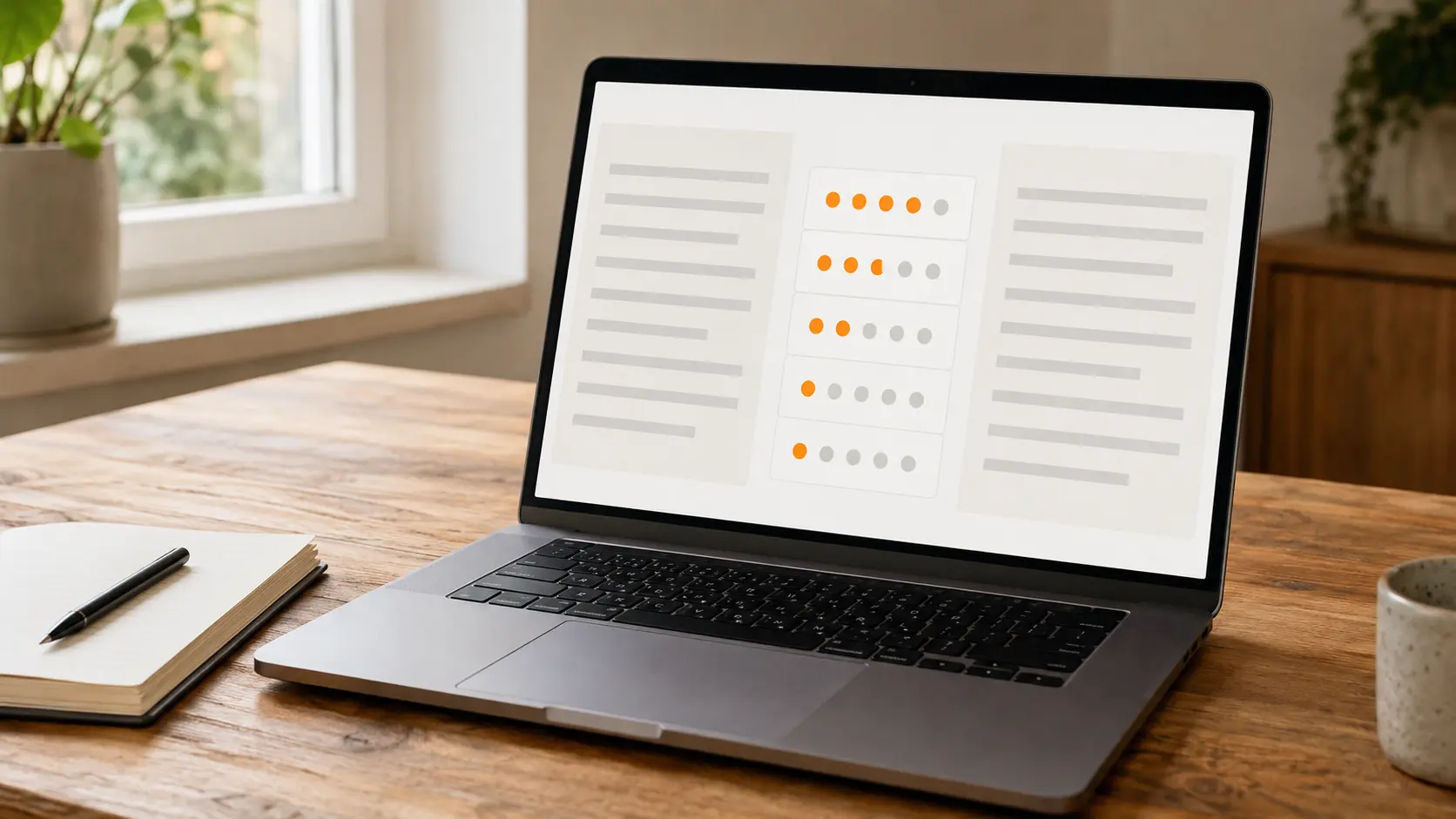 Computadora portátil sobre un escritorio en casa mostrando dos bloques de texto uno al lado del otro con un panel de evaluación, cuaderno y lápiz al lado